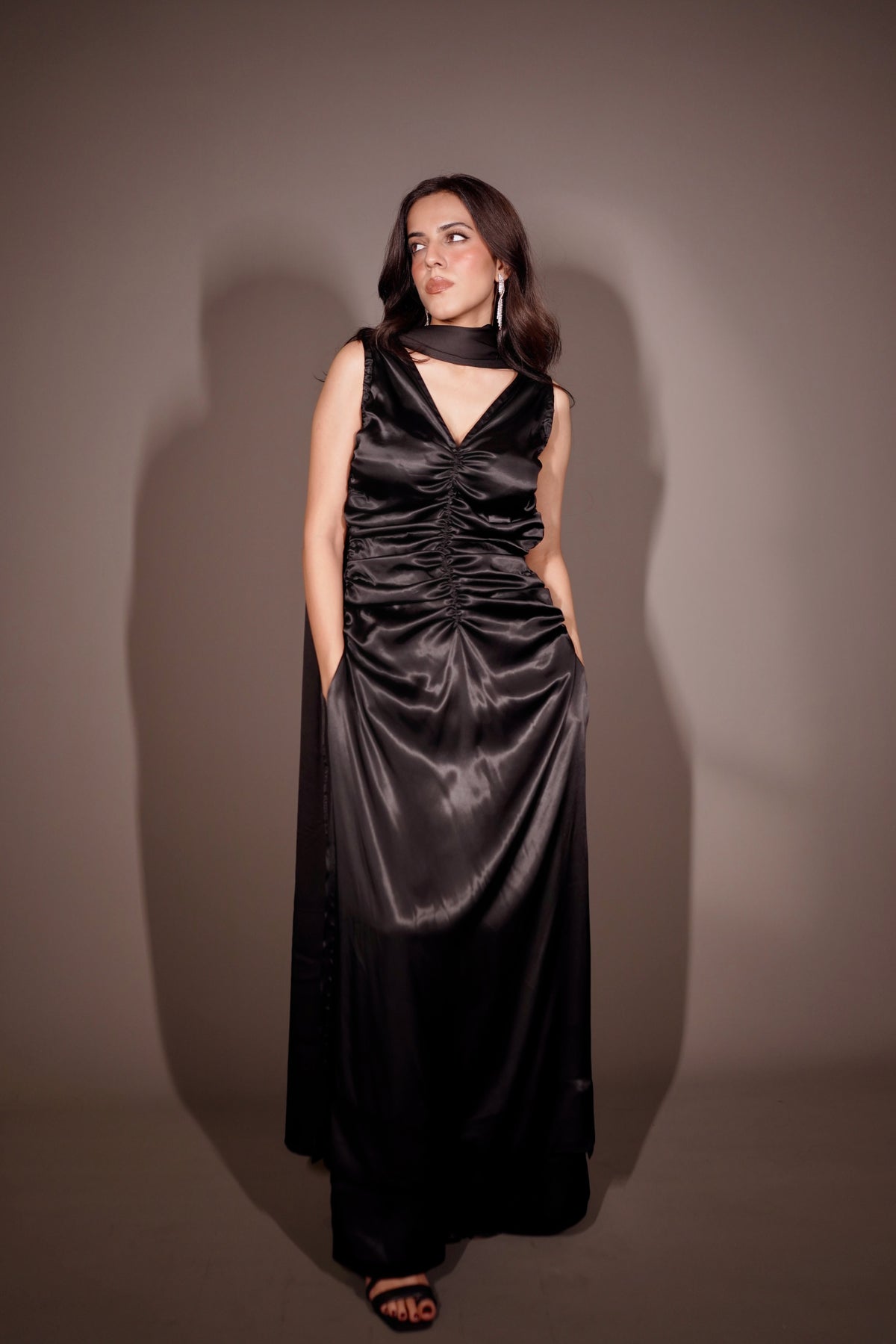 Black Satin Ruched 3 Piece Set